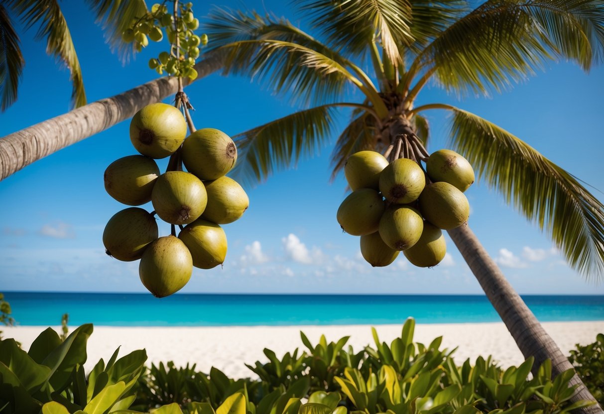A tropical beach setting with a cluster of coconuts hanging from palm trees, surrounded by lush green foliage and a clear blue sky