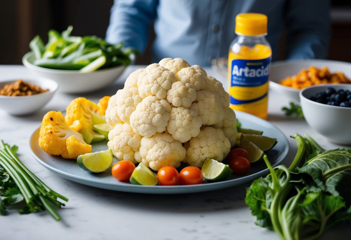 A table with a plate of cooked cauliflower surrounded by various acidic foods, with a bottle of antacid nearby