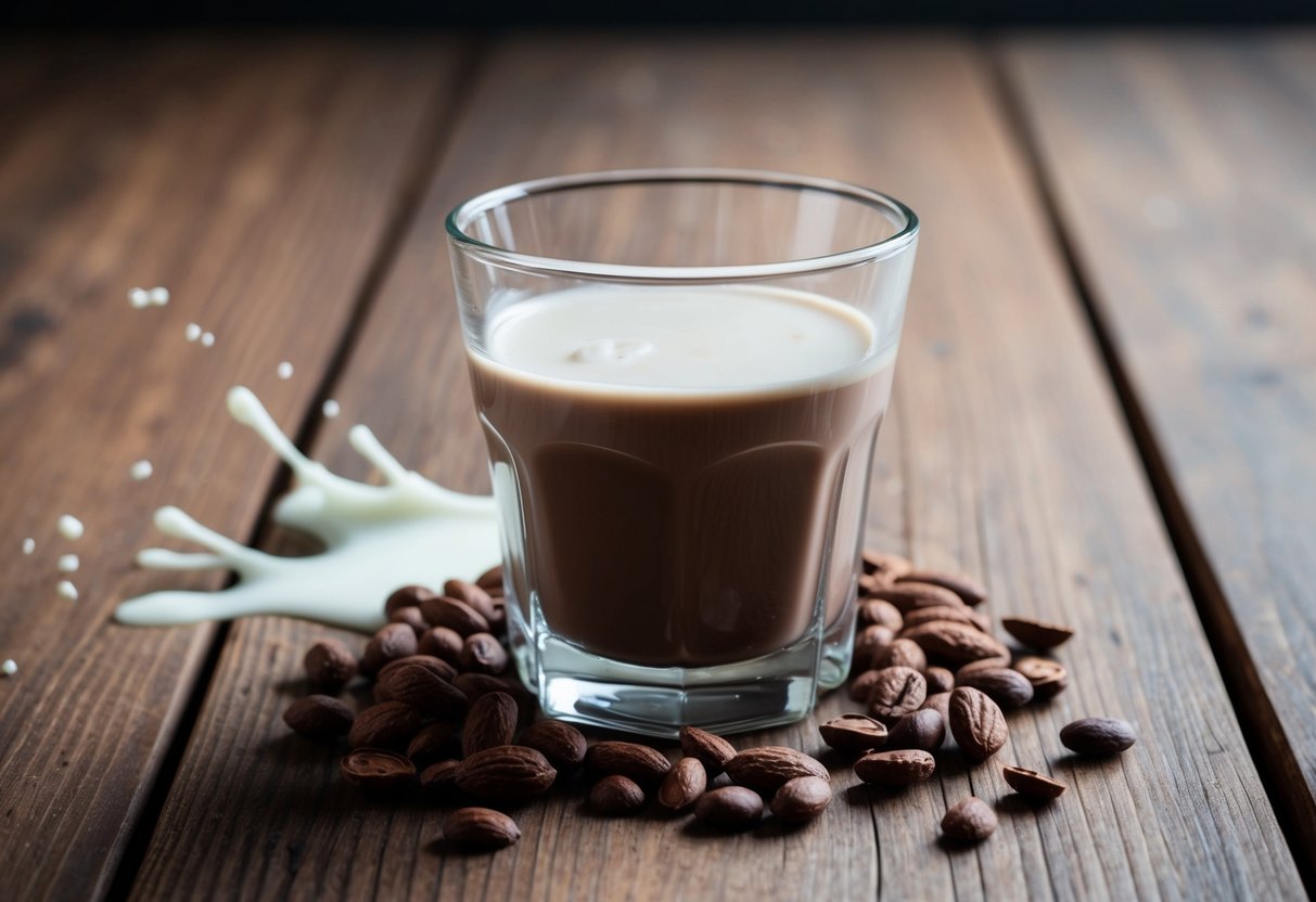A glass of chocolate milk sits on a wooden table, surrounded by a few scattered cocoa beans and a splash of milk