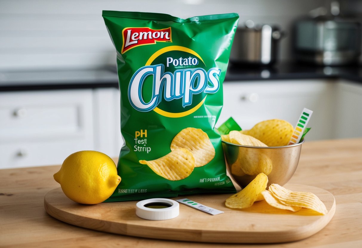 A bag of potato chips sits next to a lemon and a pH test strip on a kitchen counter