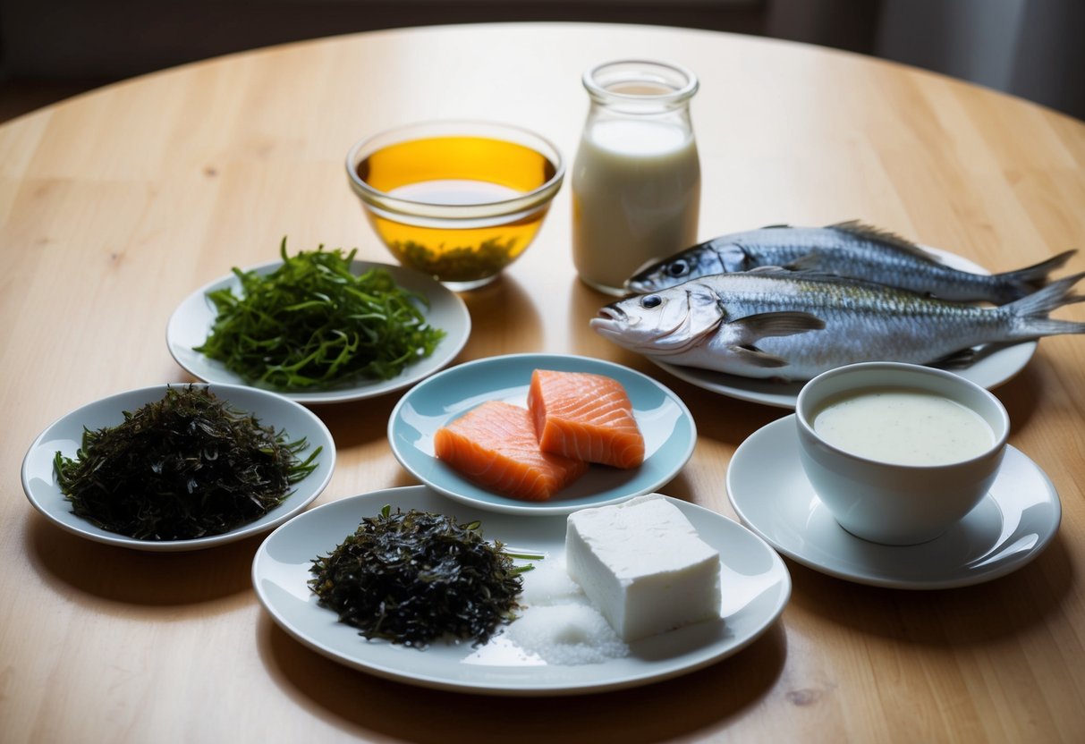 A table with various foods rich in iodine: seaweed, fish, dairy products, and iodized salt