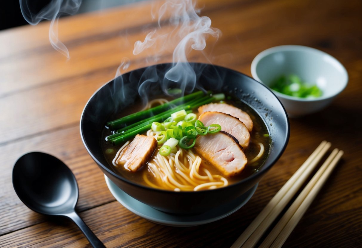 A steaming bowl of ramen sits on a wooden table, surrounded by chopsticks and a spoon. The broth is rich and fragrant, with slices of tender pork and vibrant green scallions floating on top