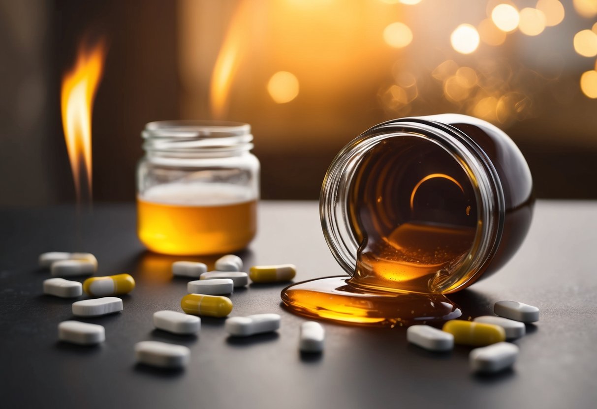 A jar of honey spills onto a table, surrounded by scattered antacids and a burning sensation in the background