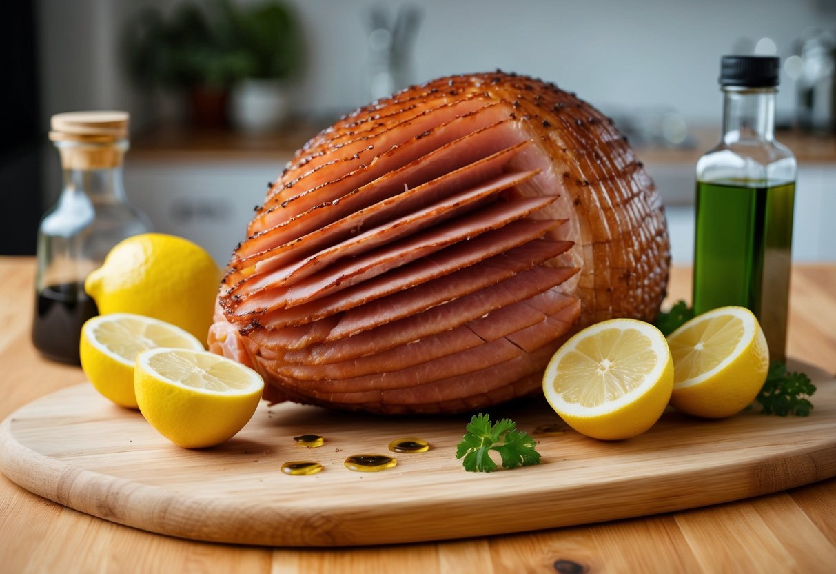 A ham sits on a wooden cutting board surrounded by sliced lemons and vinegar