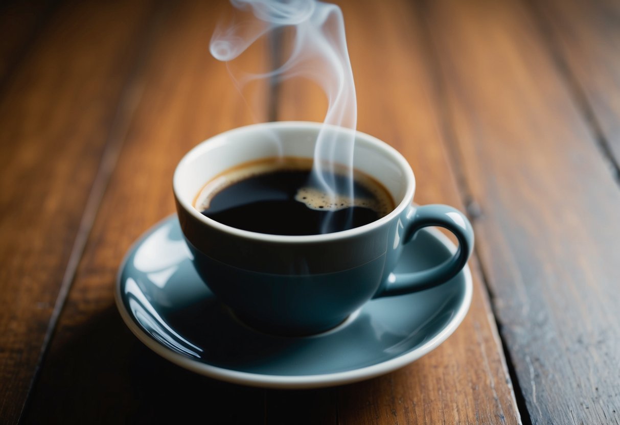 A cup of coffee with milk sits on a saucer. Steam rises from the dark liquid, creating a warm, inviting atmosphere