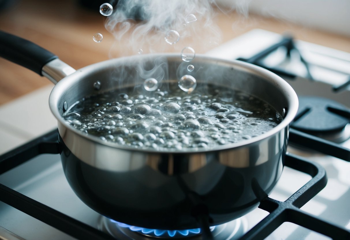 A pot of alkaline water boils on a stovetop, steam rising from the surface as bubbles form and pop