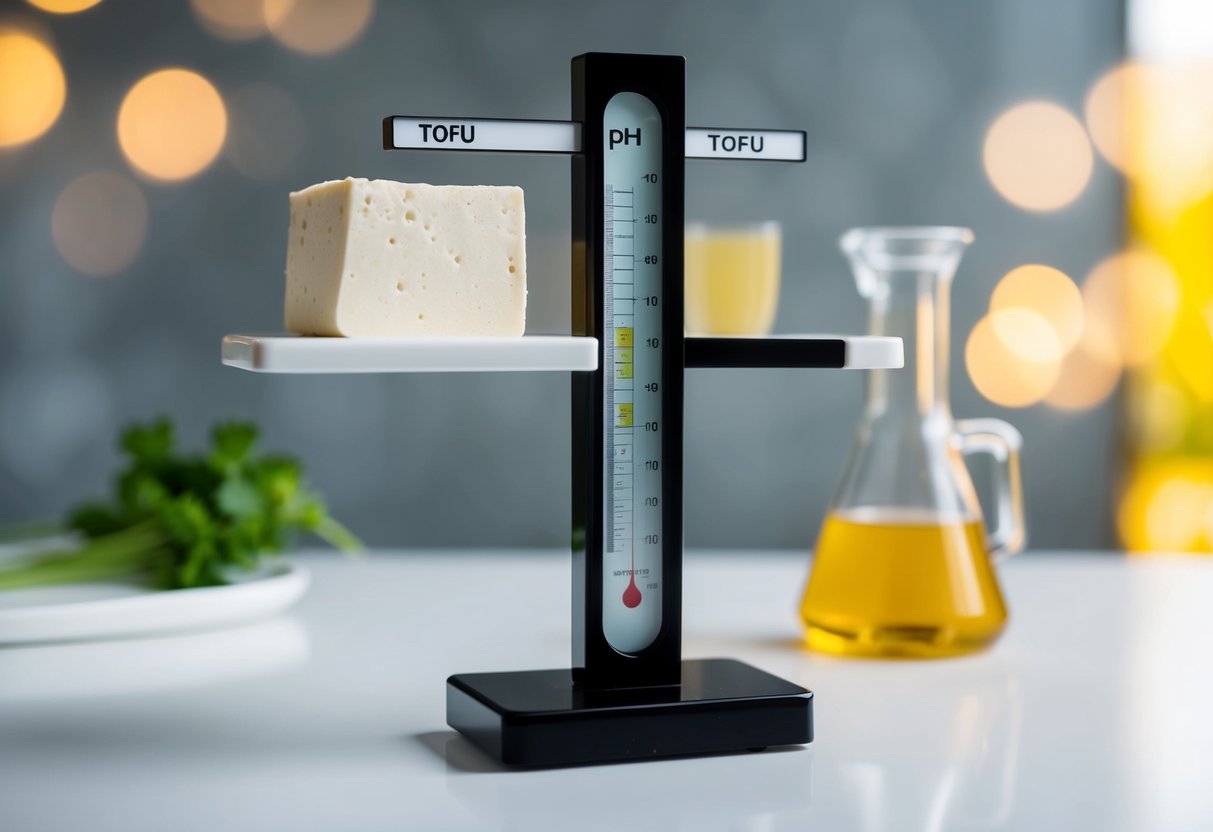 A pH scale with tofu on one end and indicators for acidity and alkalinity