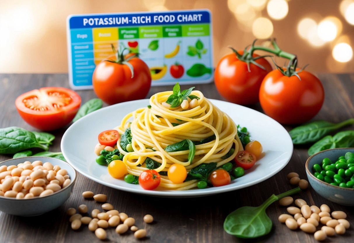 A plate of pasta surrounded by various high-potassium ingredients such as tomatoes, spinach, and beans, with a potassium-rich food chart in the background