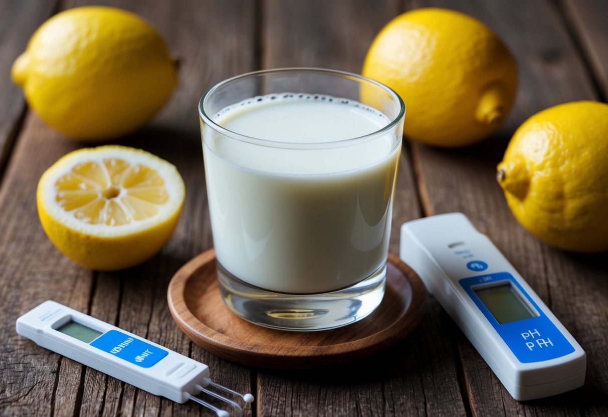 A glass of buttermilk sits on a rustic wooden table, surrounded by fresh lemons and a pH testing kit