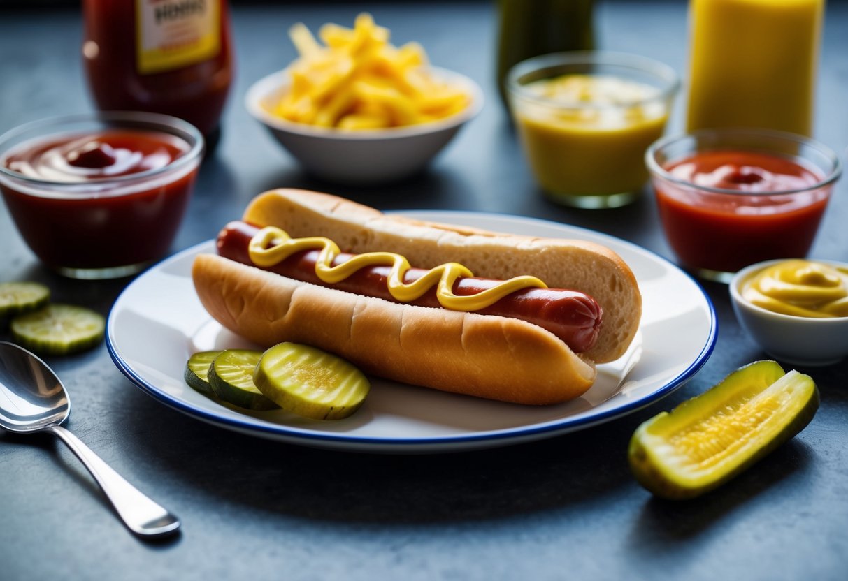 A hotdog on a plate with condiments, surrounded by a variety of acidic foods like ketchup, mustard, and pickles