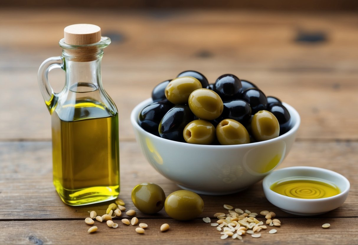 A bowl of olives sits next to a bottle of olive oil. A few olives are spilling out onto the table. A small dish of potassium sits nearby