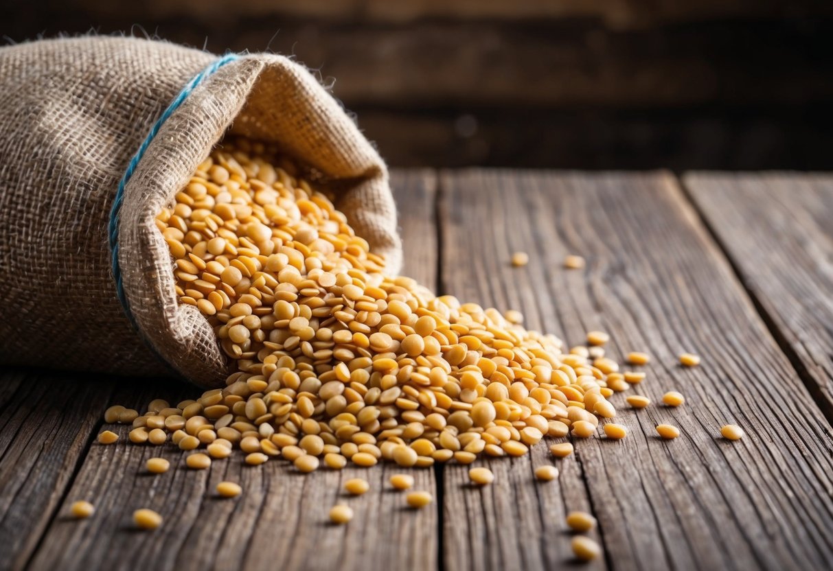 A pile of lentils spilling out of a burlap sack onto a wooden table. A few loose lentils scattered around