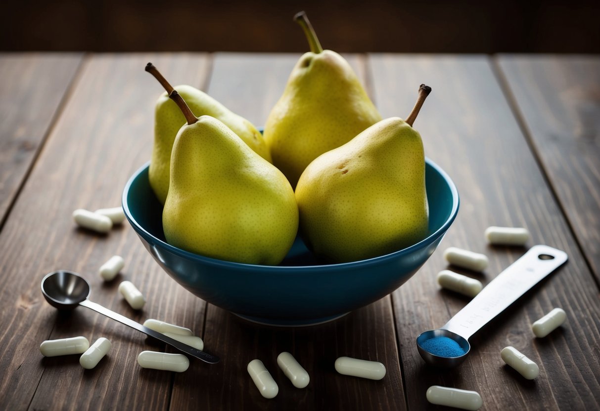 A bowl of ripe pears sits on a wooden table, surrounded by scattered potassium supplements and a measuring spoon