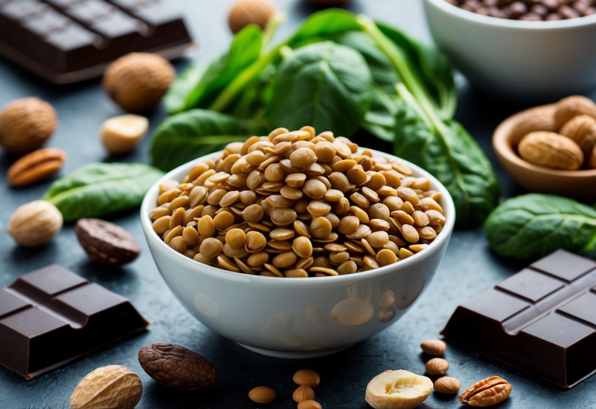A bowl of lentils surrounded by various oxalate-rich foods like spinach, nuts, and chocolate