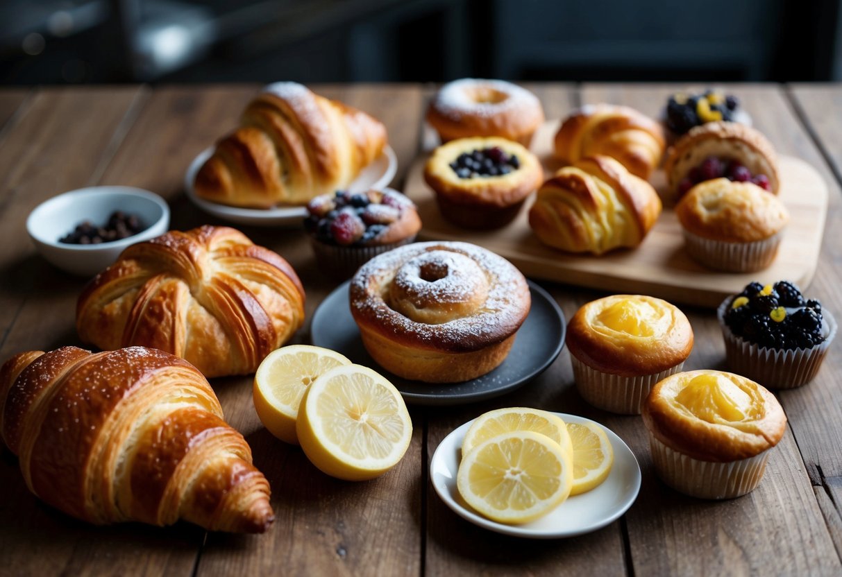A variety of pastries arranged on a wooden table, including croissants, muffins, and danishes. A small plate of sliced lemons sits nearby