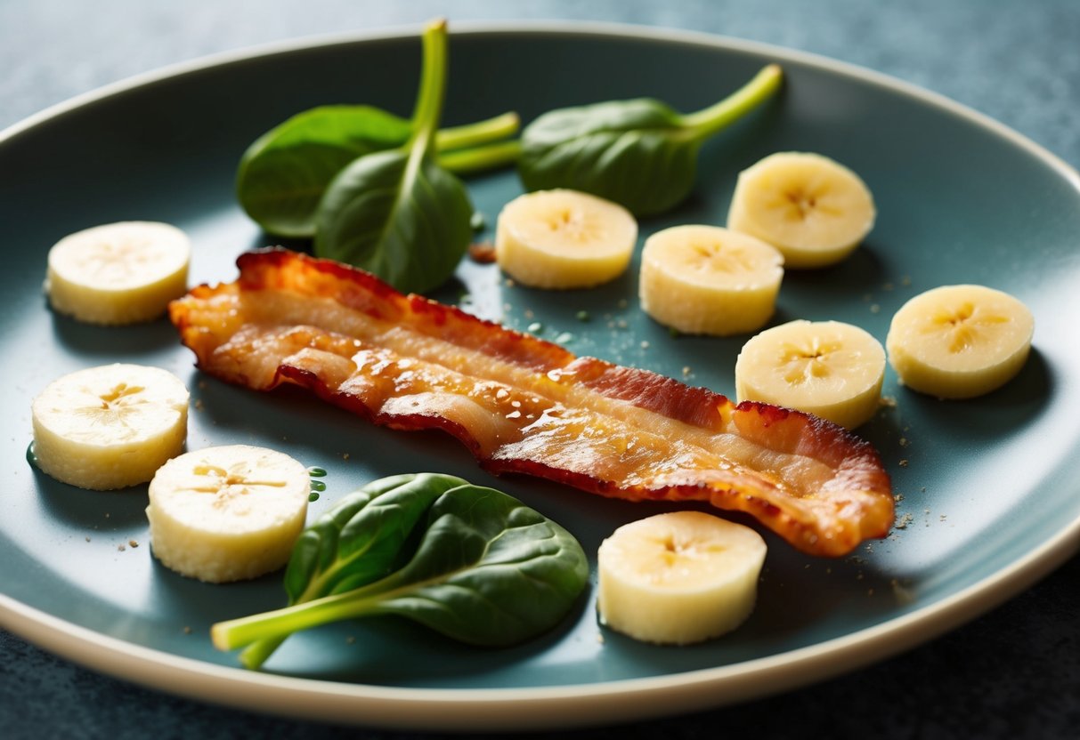 A sizzling, golden-brown strip of bacon sits on a plate, surrounded by a scattering of small, white potassium-rich bananas and a handful of vibrant green spinach leaves