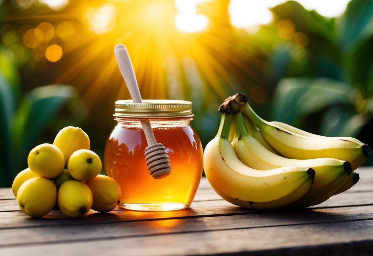 A jar of honey sits next to a cluster of ripe bananas, radiating a warm, golden glow