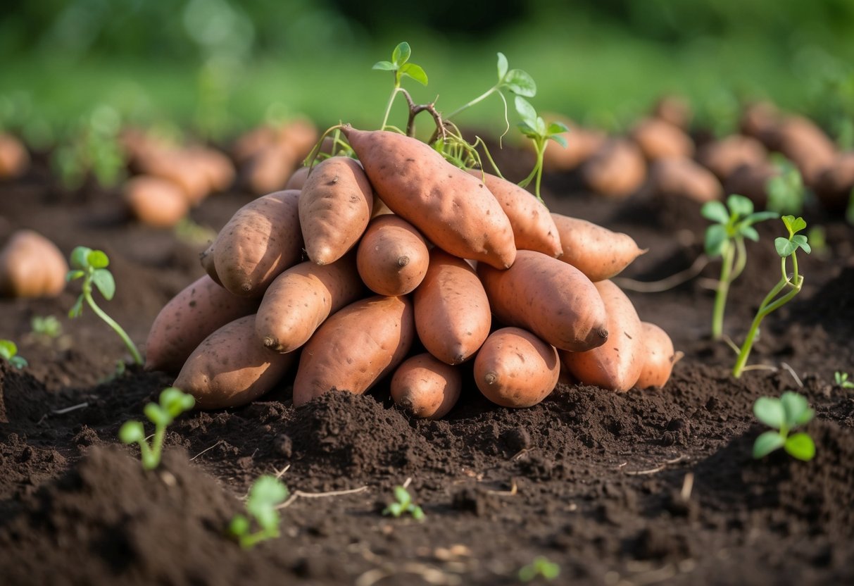 A pile of sweet potatoes surrounded by scattered potassium-rich soil and a few sprouting vines