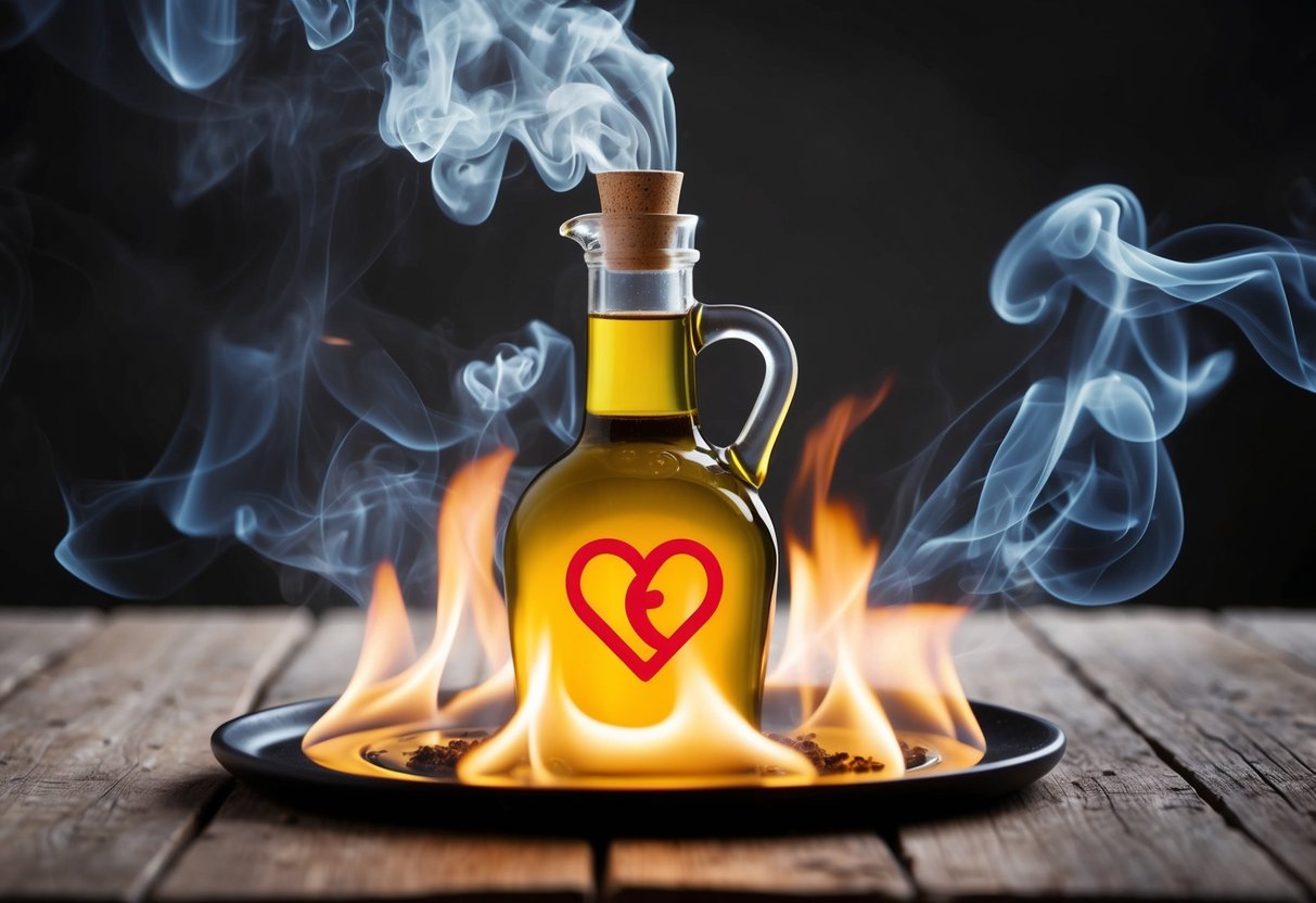 A bottle of olive oil surrounded by flames and smoke, with a heart-shaped symbol emitting waves of heat and discomfort