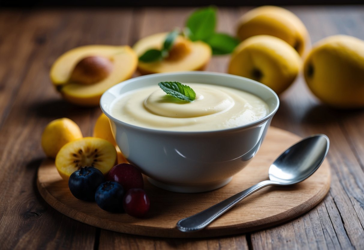 A bowl of custard sits on a wooden table, surrounded by fresh fruits and a spoon. The creamy dessert appears inviting and smooth