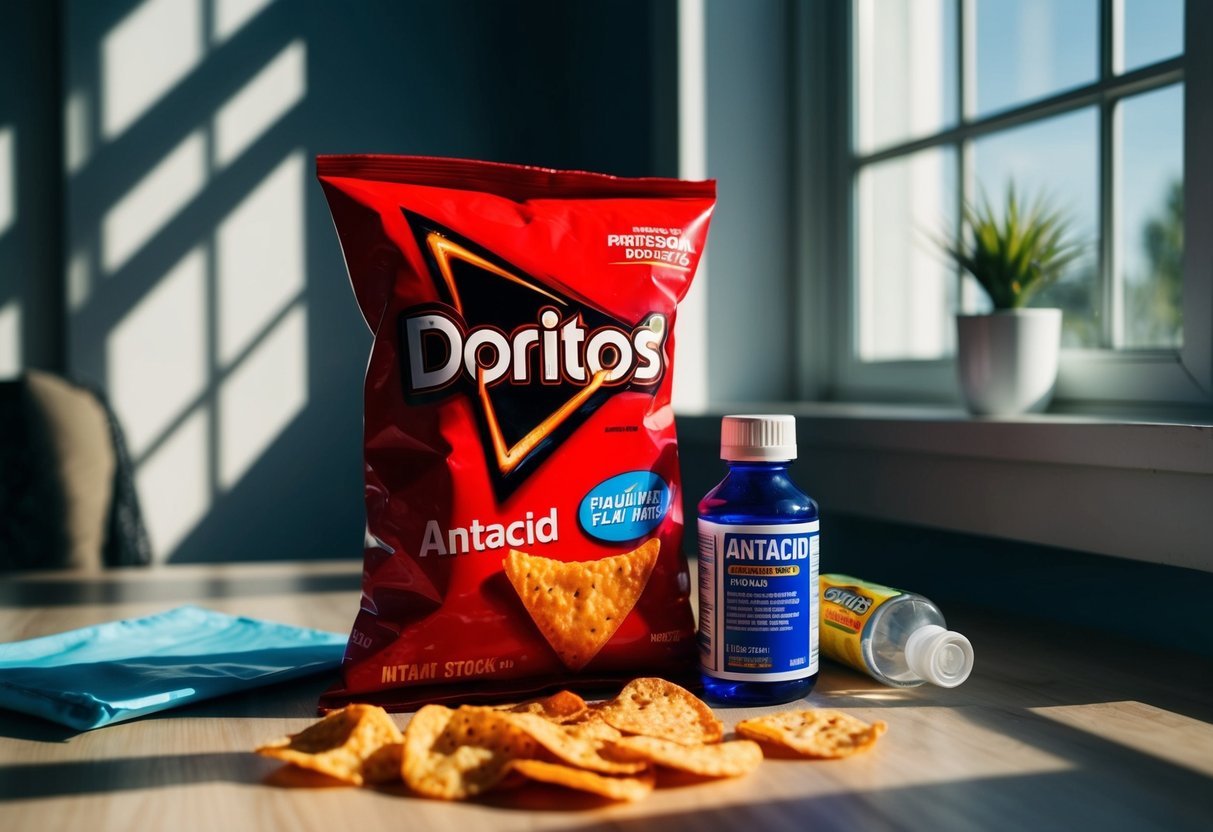 A bag of Doritos sits open next to an empty bottle of antacid on a cluttered table. Rays of sunlight stream in through a nearby window, casting shadows across the scene