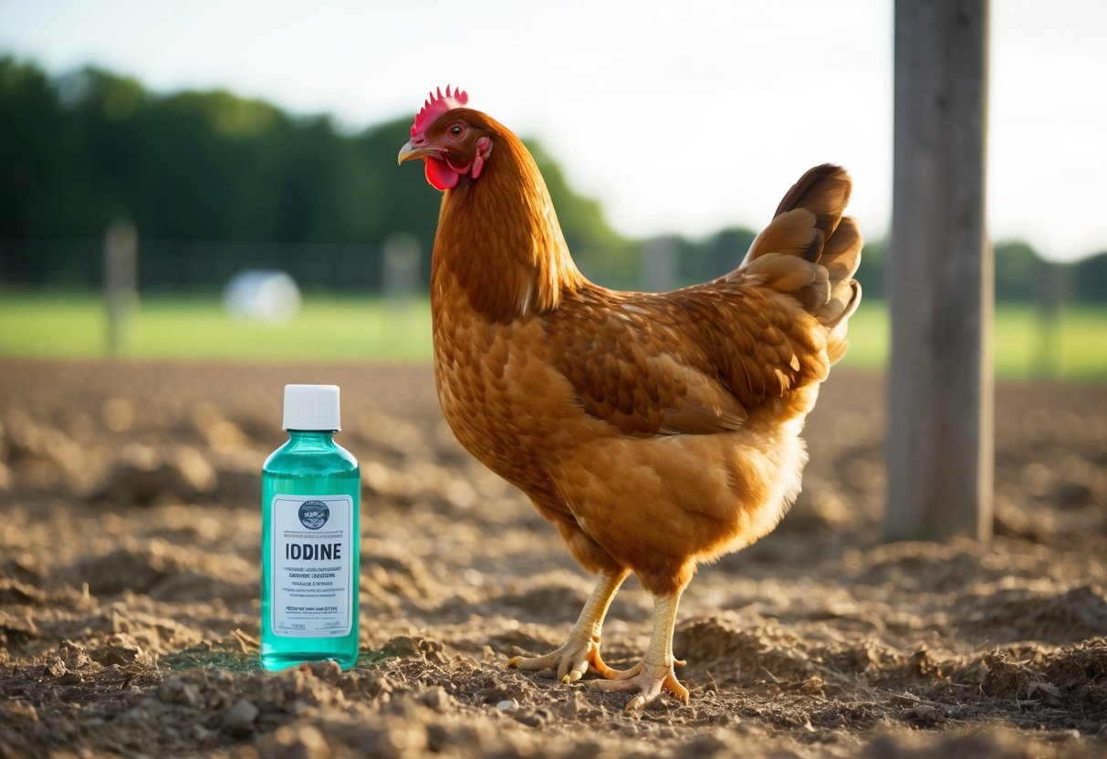 A chicken standing in a barnyard, with a small bottle of iodine nearby