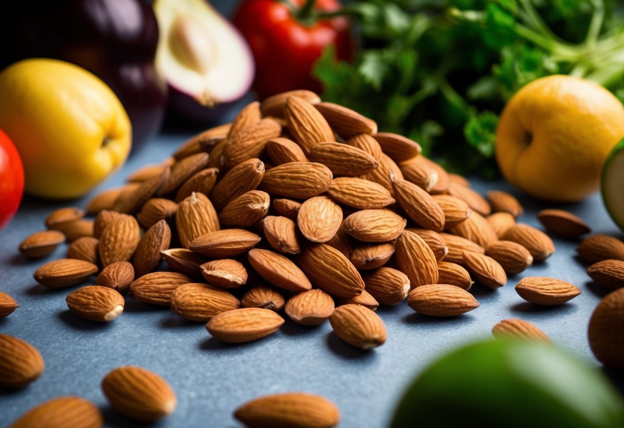 A pile of almonds with a few scattered around, surrounded by various fruits and vegetables
