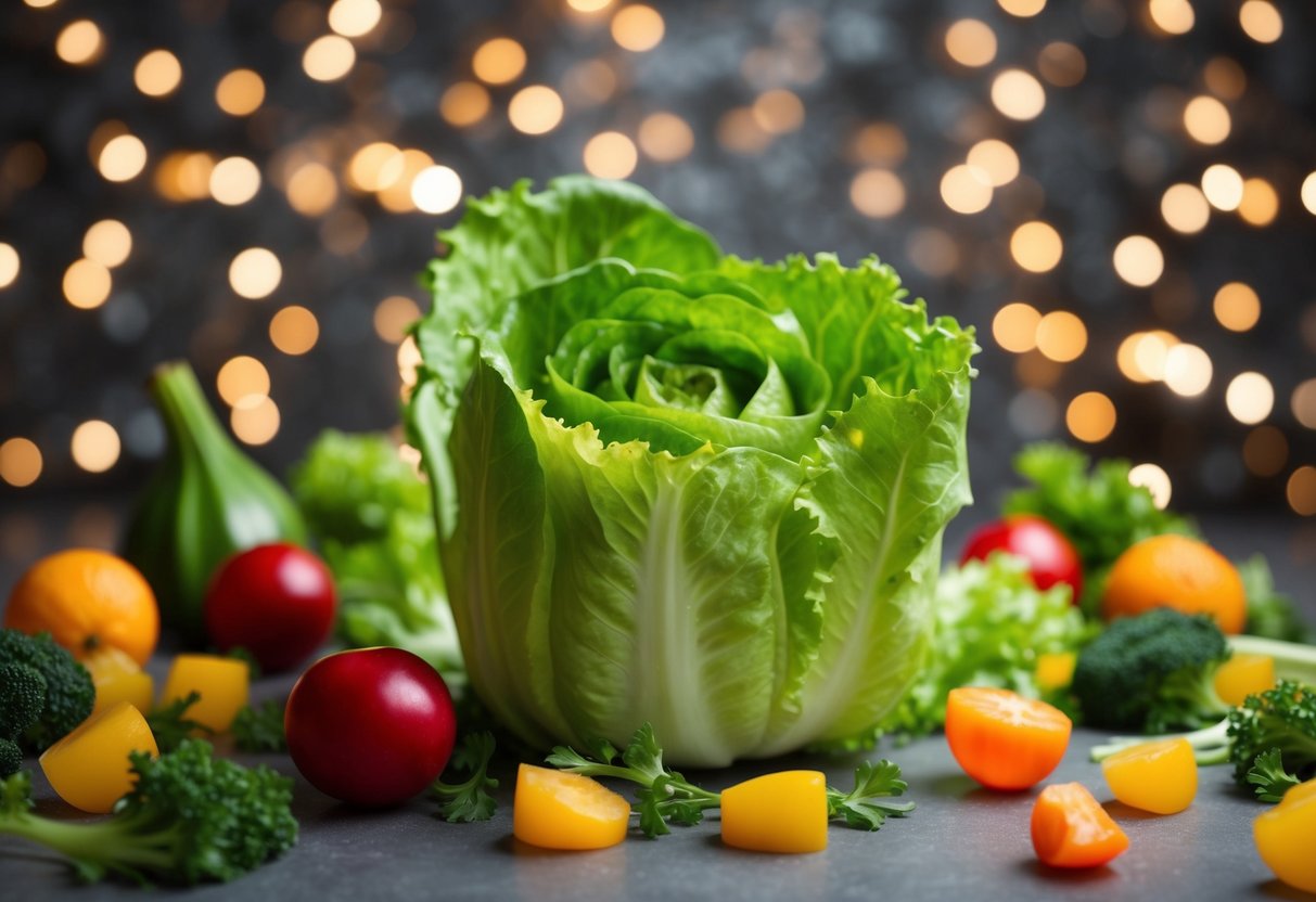 A head of lettuce surrounded by scattered potassium-rich vegetables and fruits