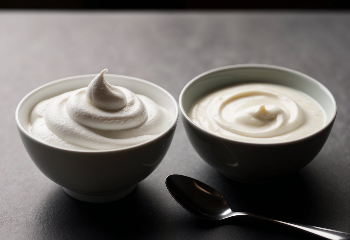 A bowl of creme fraiche and yogurt side by side, with a spoon resting nearby. The creme fraiche is thicker and creamier in texture, while the yogurt appears lighter and smoother