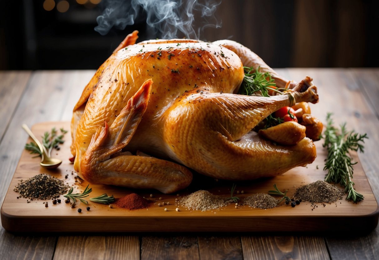 A roasted turkey sits on a wooden cutting board surrounded by various herbs and spices. The meat appears succulent and golden brown, emitting a tempting aroma