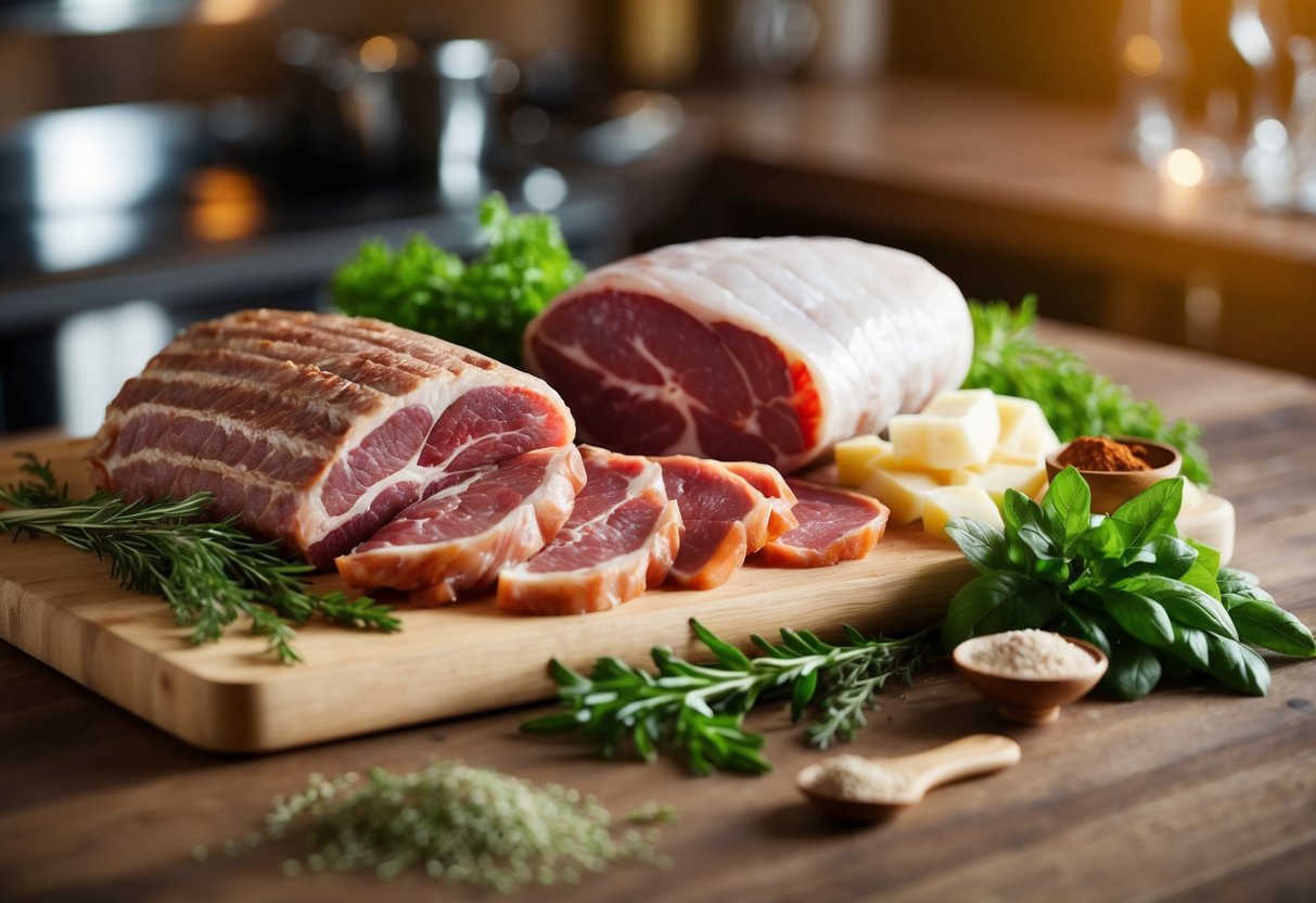 A variety of meats arranged on a cutting board, surrounded by fresh herbs and spices