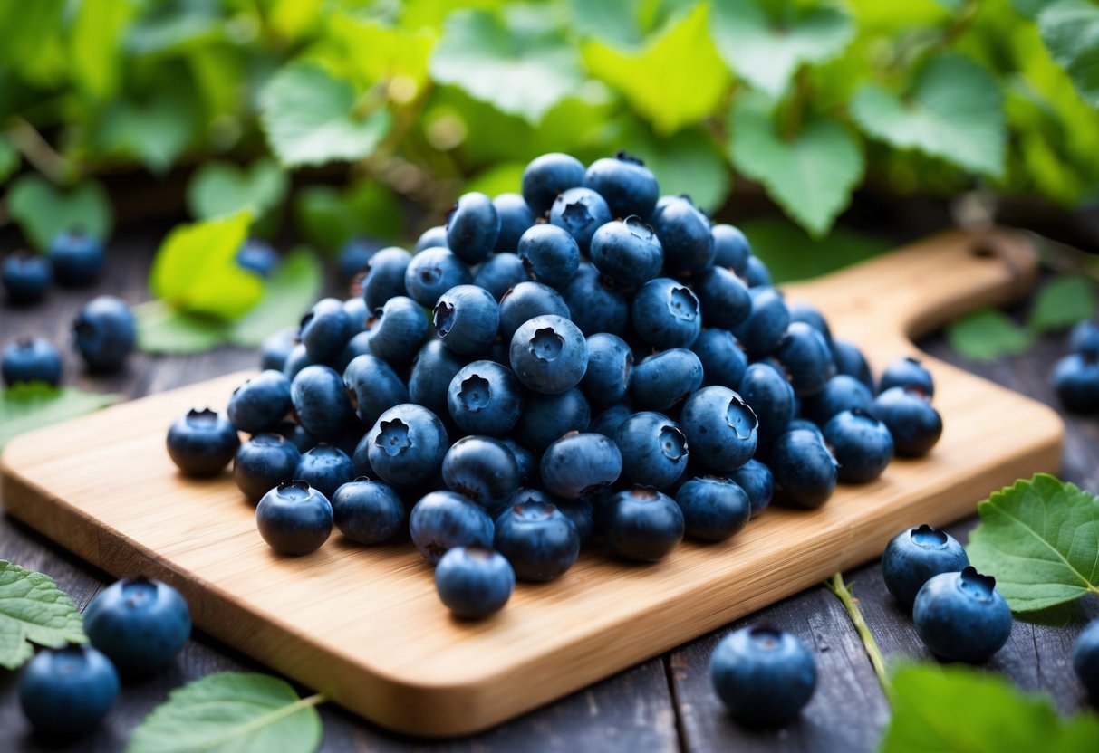 A pile of fresh blueberries sits on a wooden cutting board, surrounded by scattered leaves and vines. The berries are plump and glistening with moisture