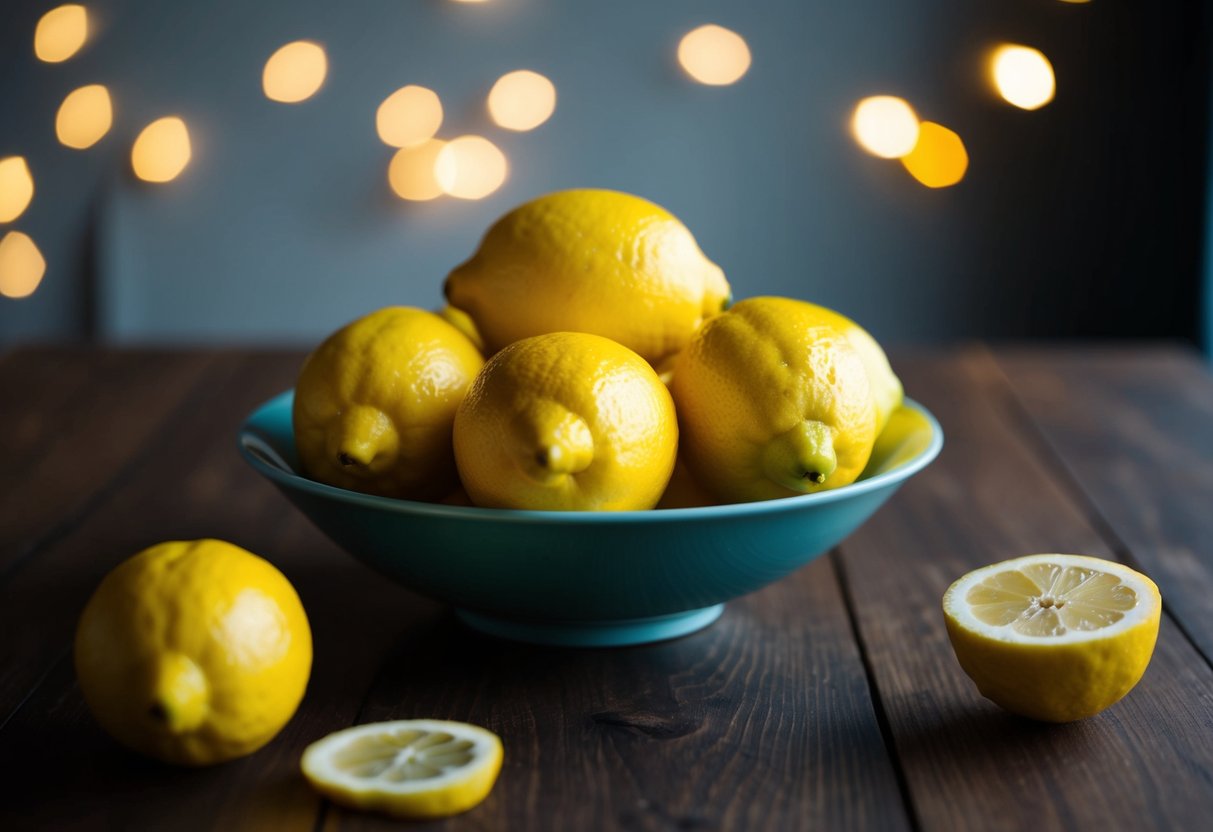 A bowl of lemons sits on a wooden table, their vibrant yellow peels contrasting with the dark background
