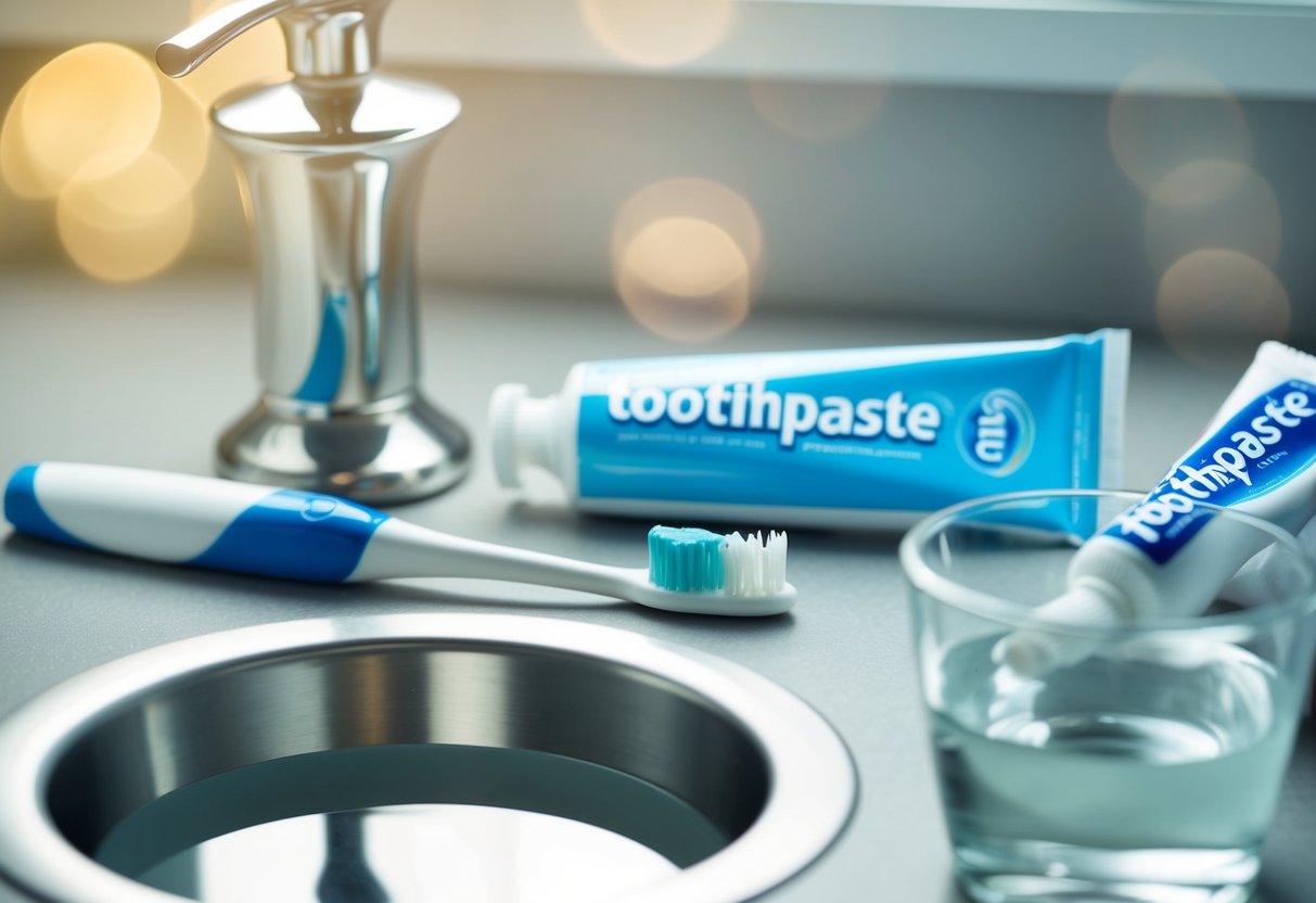 A toothbrush with toothpaste squeezed on the bristles, surrounded by a tube of toothpaste and a cup of water on a bathroom counter