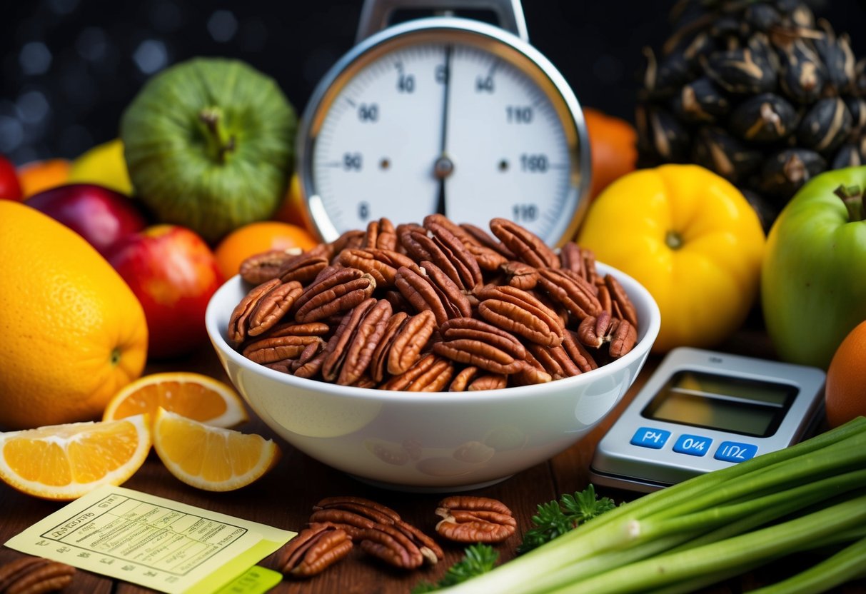 A bowl of pecans surrounded by a variety of fruits and vegetables, with a pH scale and litmus paper nearby