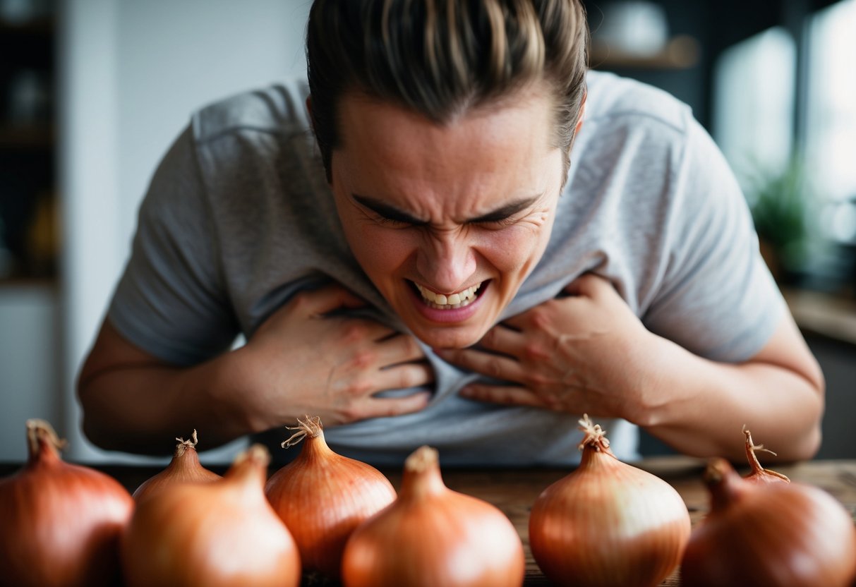 A person grimaces while holding their chest, surrounded by onions