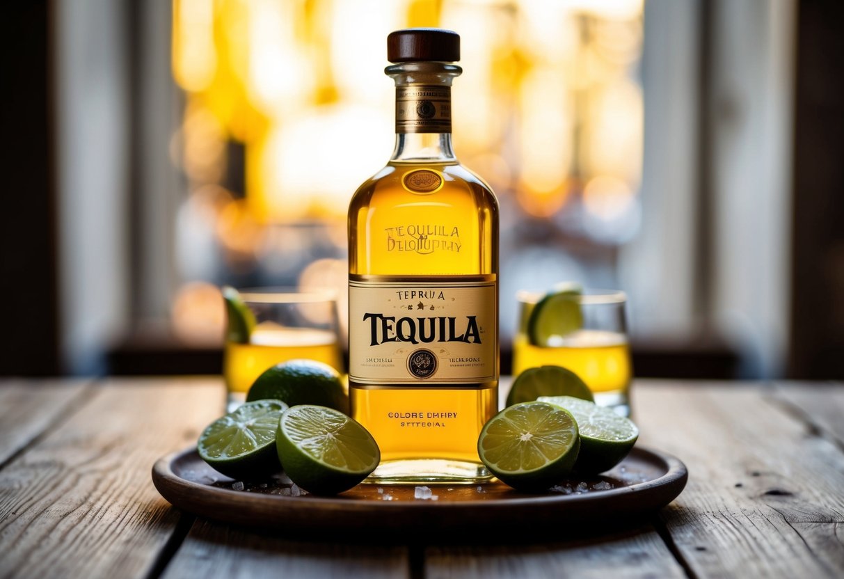 A bottle of tequila sits on a rustic wooden table, surrounded by sliced limes and salt. The golden liquid inside the bottle catches the light, giving off a warm, inviting glow