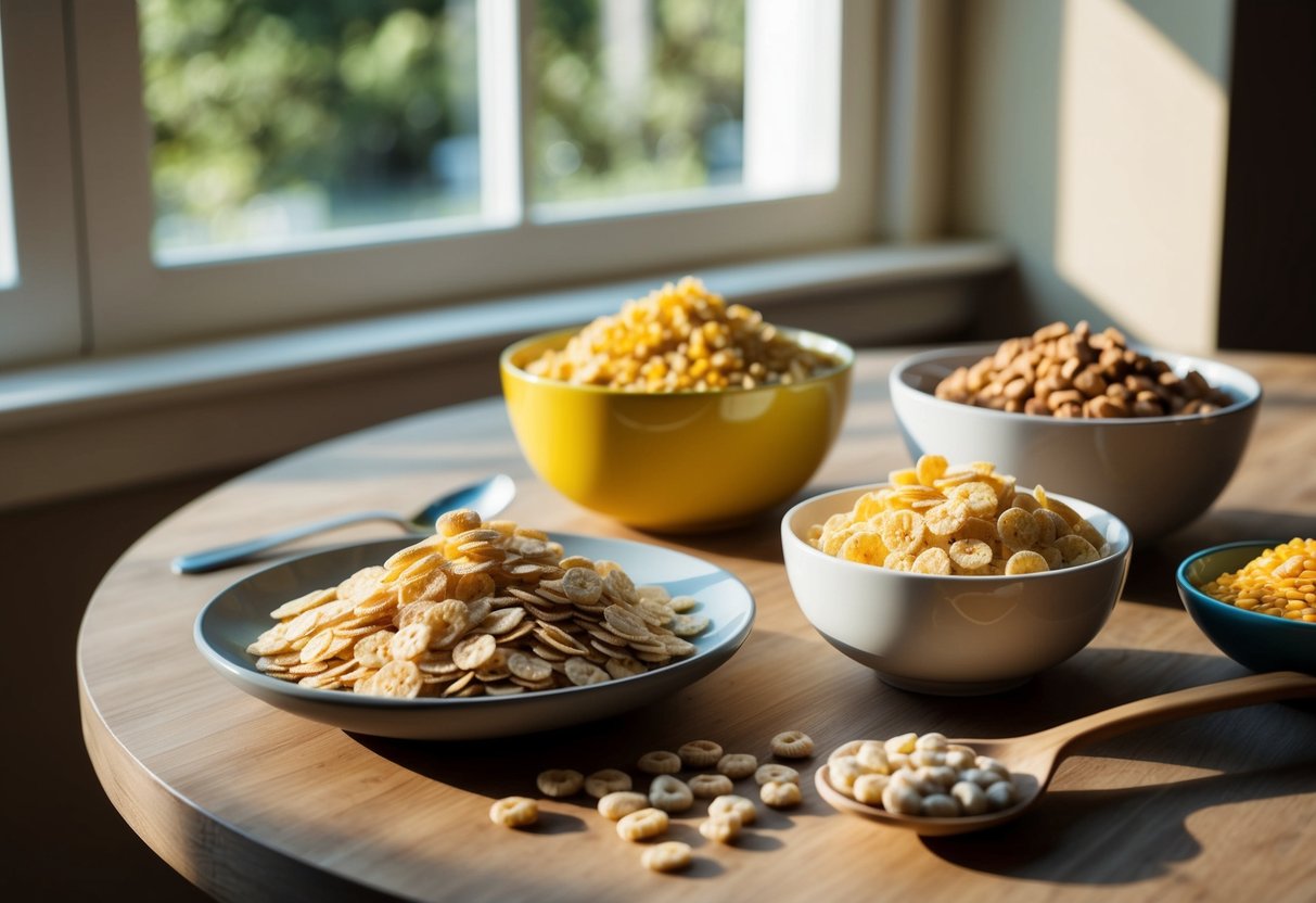 A variety of low FODMAP cereals arranged on a wooden table with a bowl and spoon beside them. Sunlight streams in through a nearby window, casting soft shadows on the scene