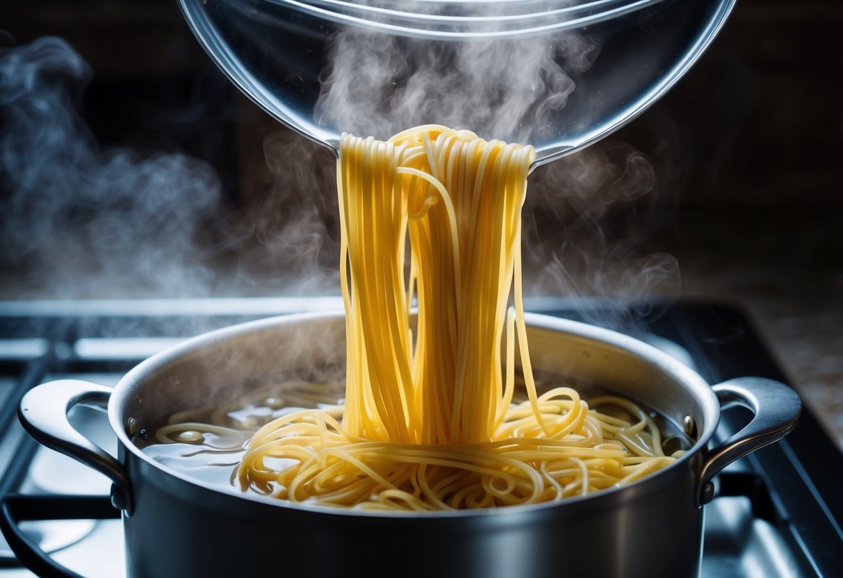 A pot of boiling water with bucatini and spaghetti noodles being dropped in, steam rising