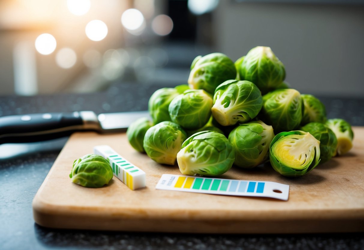 A pile of brussel sprouts on a cutting board, with a knife nearby. A pH testing strip sits next to the sprouts, indicating acidity level