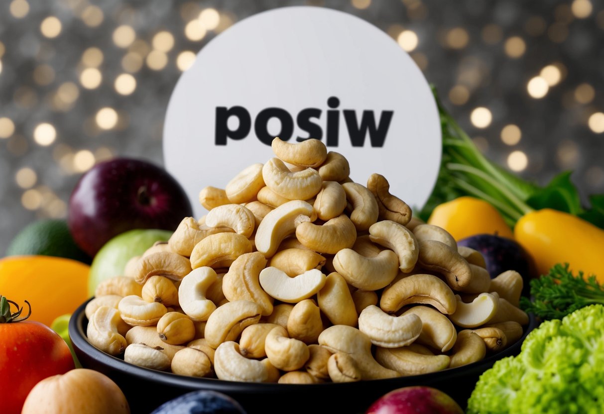 A pile of cashews surrounded by various high-potassium fruits and vegetables, with a prominent potassium symbol in the background