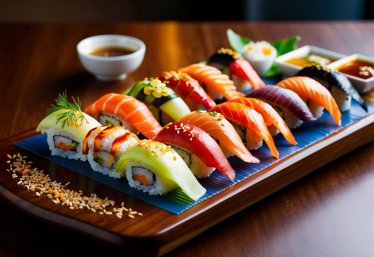 A variety of colorful sushi rolls arranged on a wooden serving platter with decorative garnishes and dipping sauces