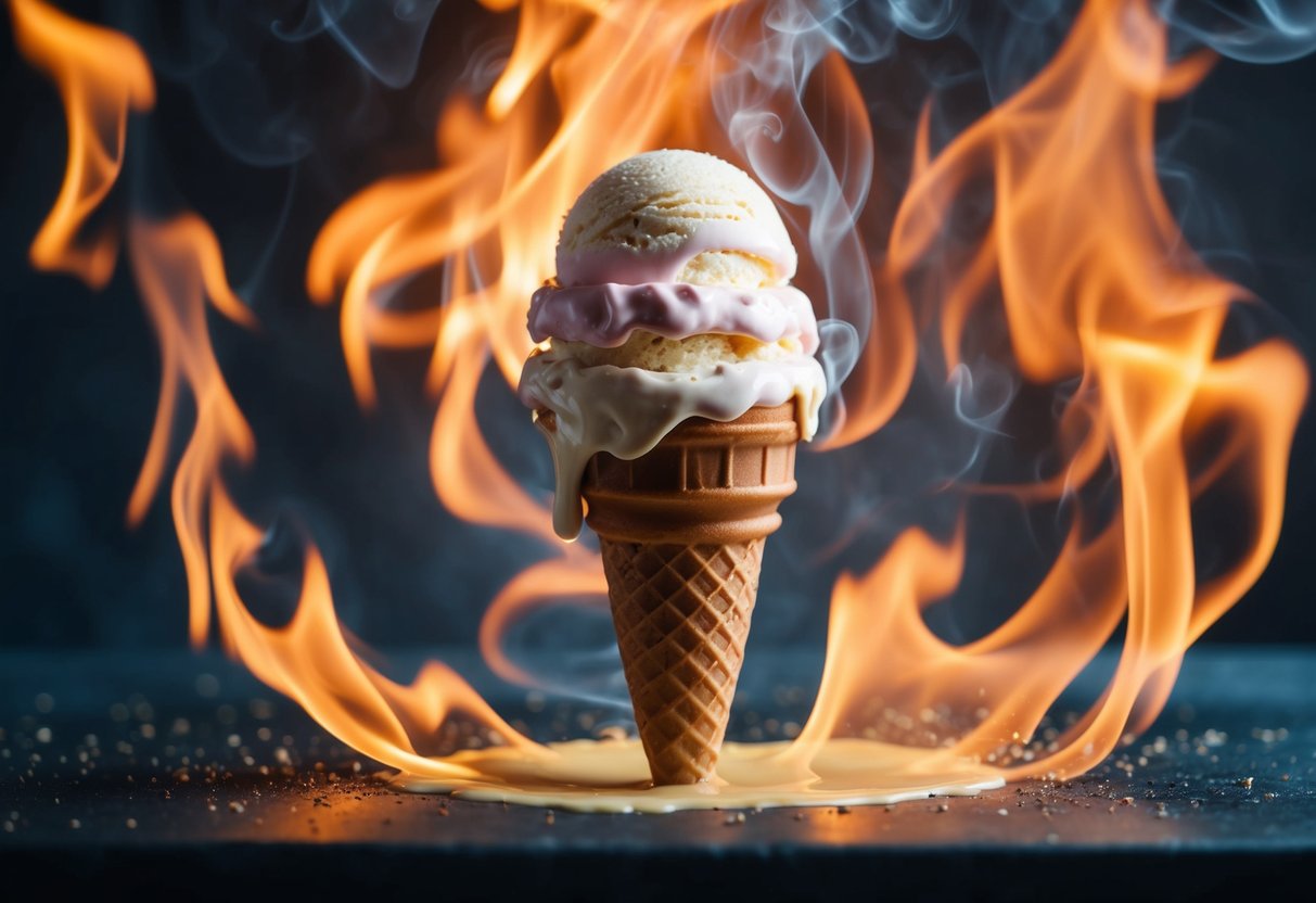 A melting ice cream cone surrounded by flames and smoke, evoking the sensation of heartburn
