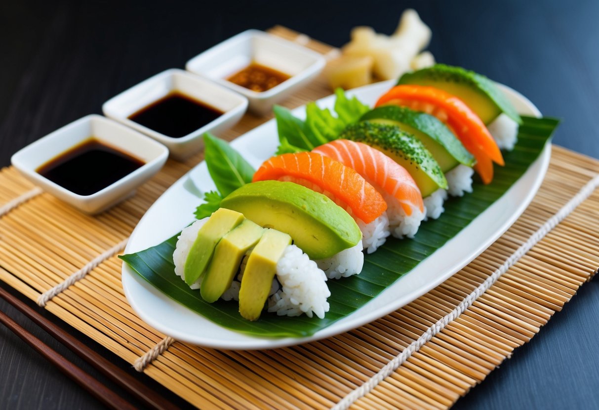 A colorful plate of vegan sushi with fresh vegetables and avocado, arranged neatly on a bamboo mat. Soy sauce and pickled ginger on the side