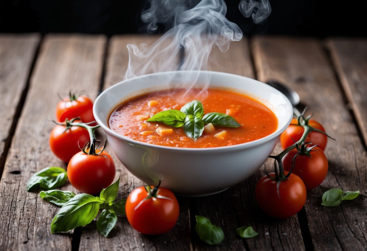 A steaming bowl of tomato soup sits on a rustic wooden table, surrounded by a scattering of fresh tomatoes and a sprig of basil