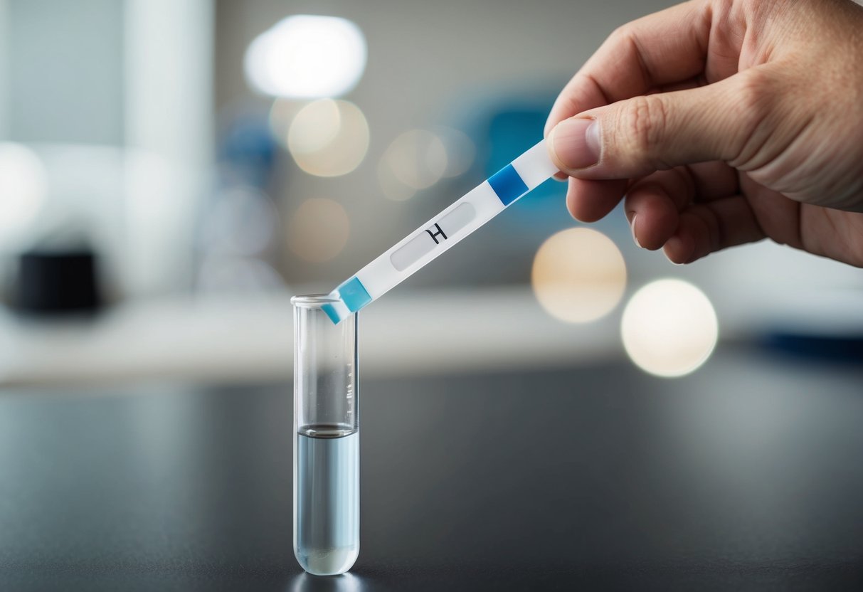 A hand holding a ph strip over a clear liquid in a test tube