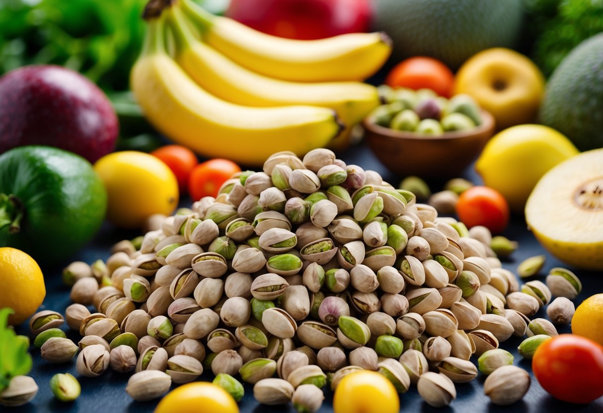 A pile of pistachios surrounded by a variety of fruits and vegetables. A small bowl of potassium-rich bananas sits nearby