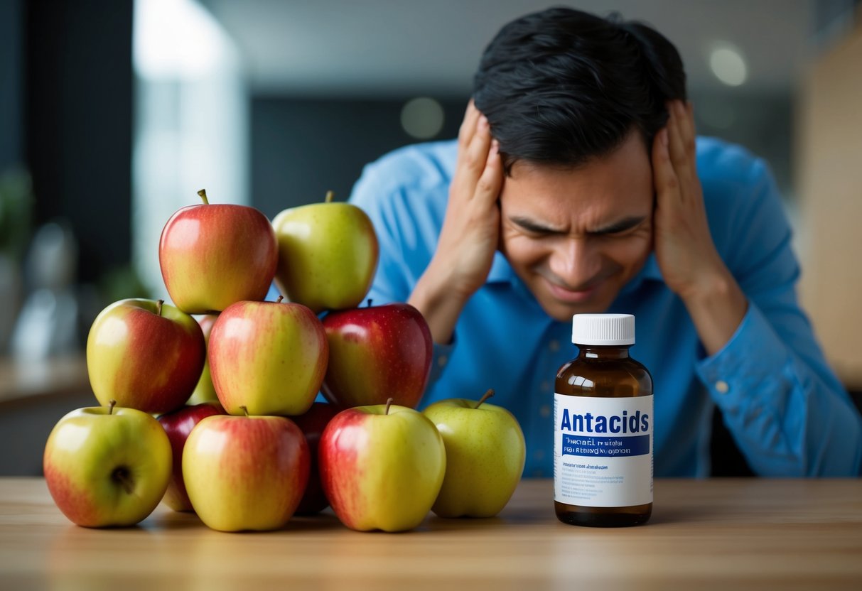 A pile of apples next to a bottle of antacids, with a person grimacing in discomfort
