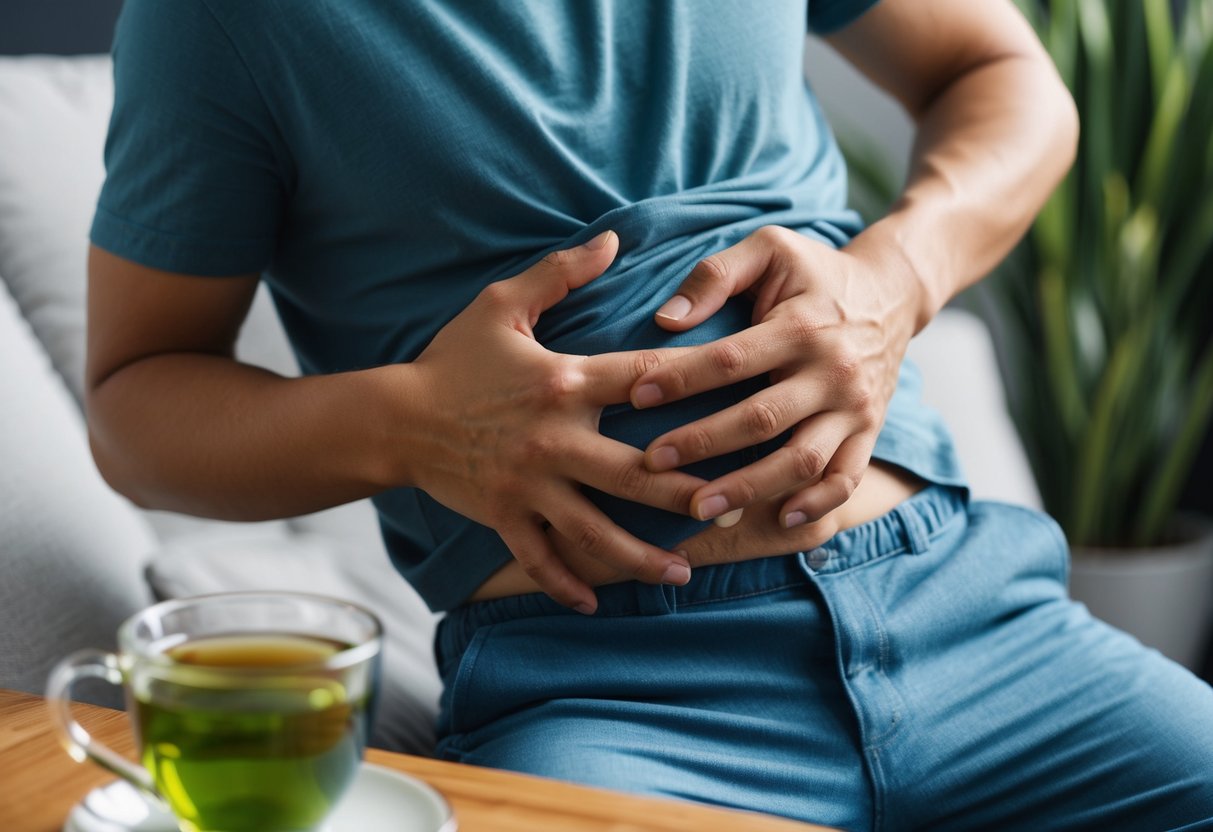 A person holding their stomach in discomfort after drinking green tea