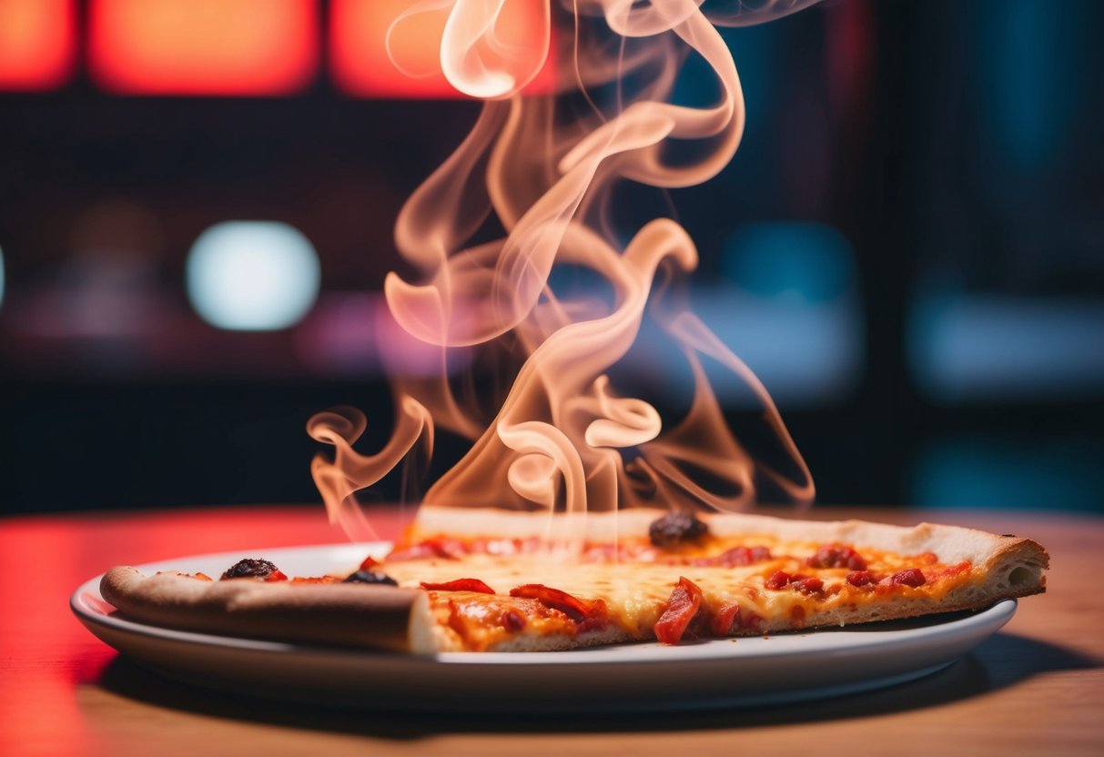 A slice of pizza sits on a table, steam rising from its cheesy surface. A red, fiery glow emanates from the pizza, suggesting heartburn